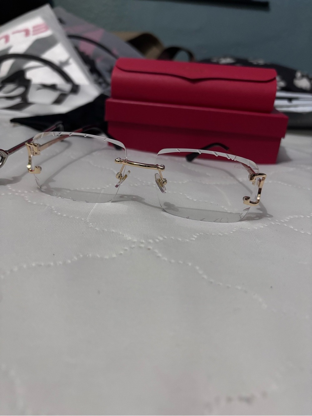 Cartier Big C Diamond Cut Clear Frameless Lens Gold Frame